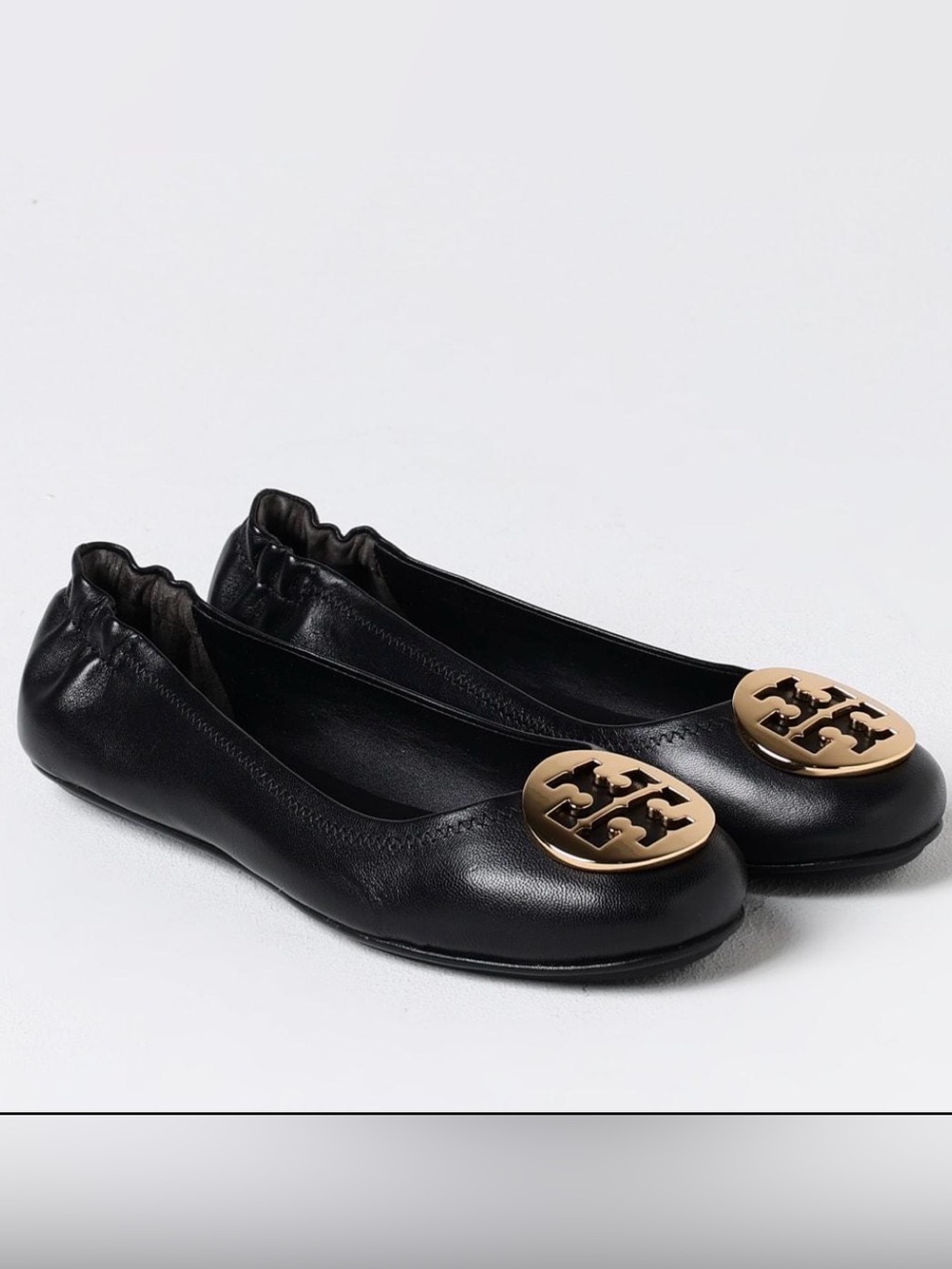 Tory Burch Reva Black Leather Ballet Flats Gold Logo Size 9.5